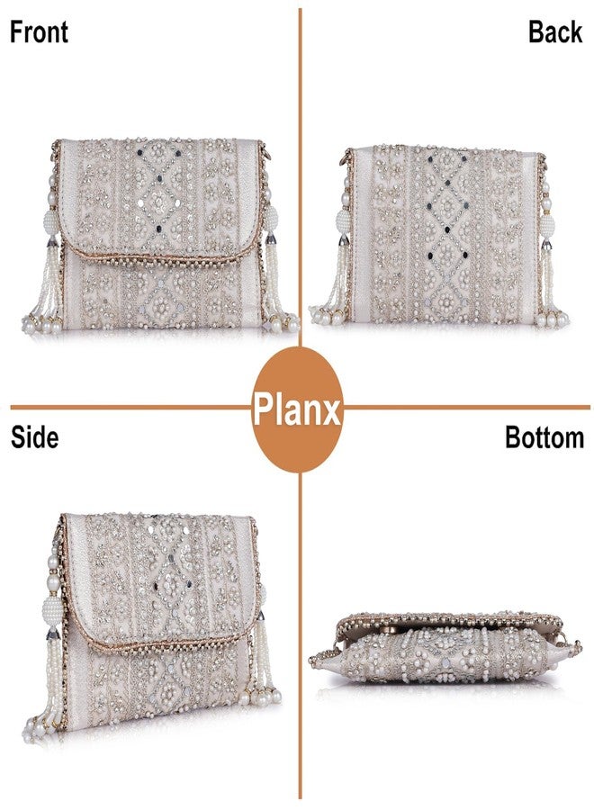 PLANX SILK Stylish Fancy Designer Potli Bag - Embroidered Pearl Handle Festive Clutch - Image 5